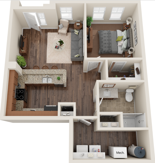 Floor plan for 1 bed, 1 bath, 757 sqft